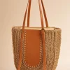 Women Versona Straw Faux Leather Panel Tote